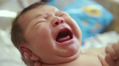 Close Up of Crying Baby Indoors