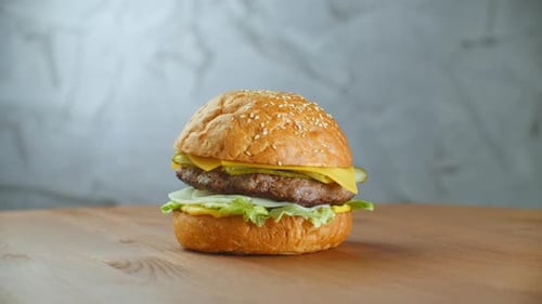 Close Up of Delicious Hamburger on Table
