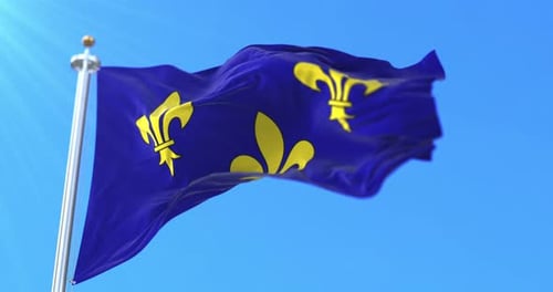 Blue Flag with Golden Fleur-de-lis Waving on Clear Sky