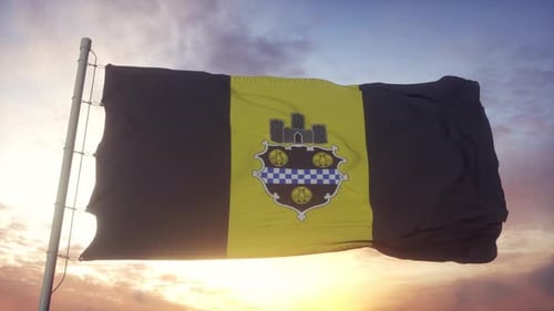 Pittsburgh City Flag Pennsylvania Waving in the Wind Sky and Sun Background