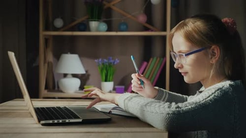 Girl Studying on Laptop at Desk Indoors