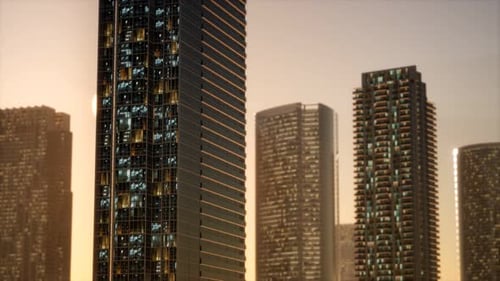 Foto aérea al atardecer de los rascacielos del centro de negocios