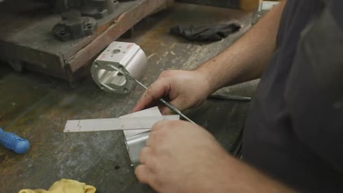 Caucasian male hands factory worker at a factory sitting at a workbench and working on a metal