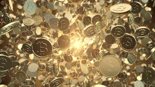 Golden Bitcoin Cryptocurrency Coins Falling 3D Loop