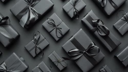 Wrapped Black Gifts Neatly Arranged on Dark Surface