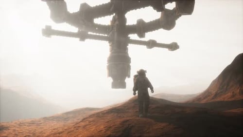 Astronaut Encountering Hovering Spacecraft on Distant Red Planet