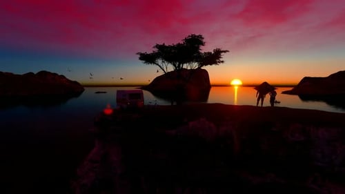 Family Camping with Caravan in the View of the Cliff