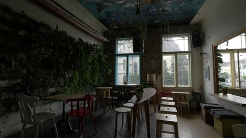 Stylish Cafe Interior With Green Wall And Natural Light