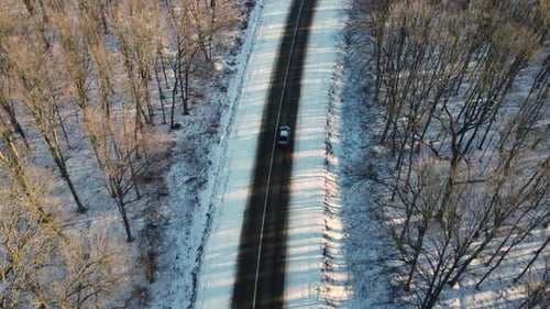 Birdeye De Voiture Conduite Dans La Neige Et La Forêt