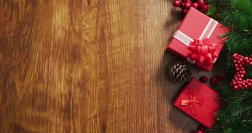 Christmas Gifts and Decoration on Wooden Table