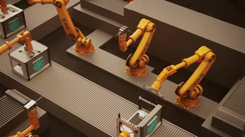 Los brazos robóticos futuristas que trabajan en el montaje de las impresoras 3D.