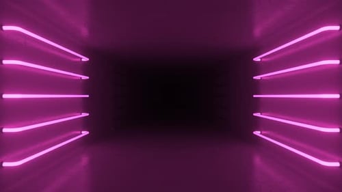 Abstract room interior with purple and red glowing neon lamps