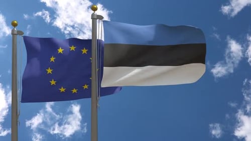European Union and Estonia Flags Waving in Realistic 3D Animation