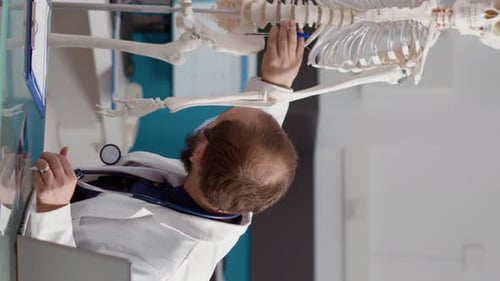 Doctor Examining Skeleton in Medical Office