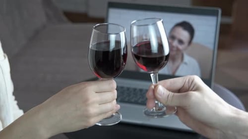 Virtual Celebration with Wine, Friends on Laptop