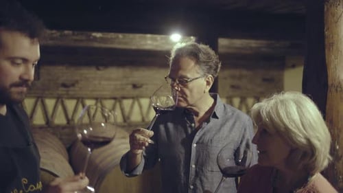 People Tasting Red Wine in Rustic Cellar