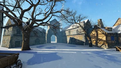 Snowy Medieval Village Scene with Falling Snow