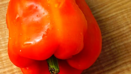 Close-up of a Red Bell Pepper with Water Droplets