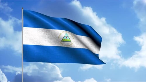 Nicaragua National Flag Waving in Realistic Blue Sky with Clouds