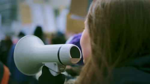 Girl with Megaphone Walk Scream. Woman Shout Loudspeaker. Fight Protest Strike.