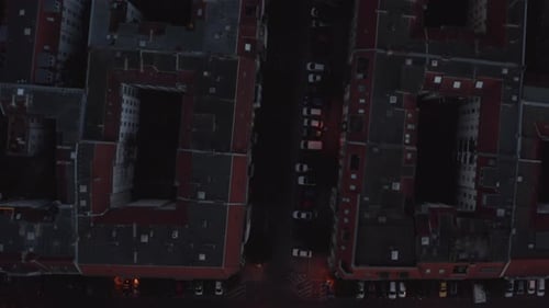 Aerial Birds Eye Overhead Top Down Panning View of Streets and Building in Urban Neighbourhood