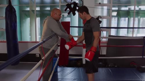 Boxing Coach Adjusts Gloves of Boxer in Ring