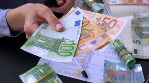 Slow Motion Business Woman Displaying a Spread of Cash Euros