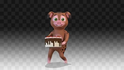 Animated 3D Cartoon Pig Character Holding a Birthday Cake