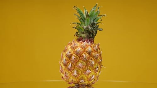 Closeup of Rotating Ripe Pineapple on Yellow Background Making a Cocktail of Fruits or Berries