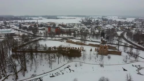 Ruins of Ancient Livonian Order's Stone Medieval Castle Latvia Aerial Drone Top Shot From Above . Re