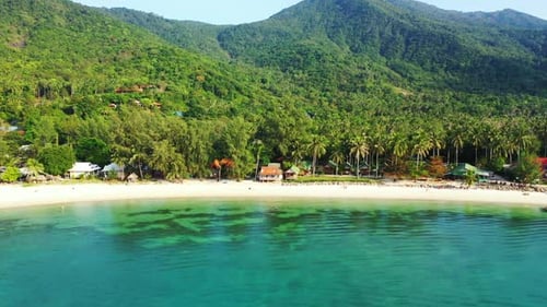 Aerial above landscape of beautiful shore beach vacation by clear sea with white sandy background of