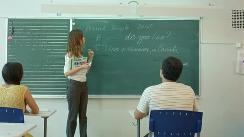 Teacher Explains English Grammar to Students in Classroom