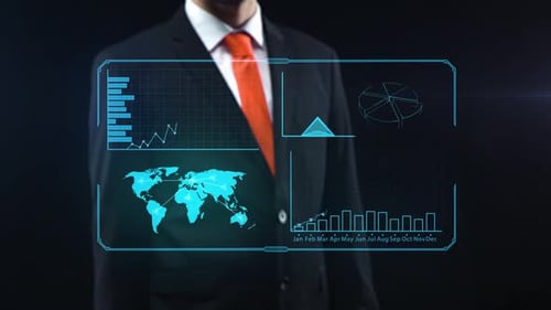 Geschäftsmann arbeitet an einer holographischen Schnittstelle. Mann berührt einen visuellen Bildschirm mit Holografik