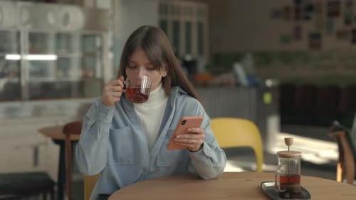 Pleasant Woman Using Mobile and Drinking Tea at Cafe