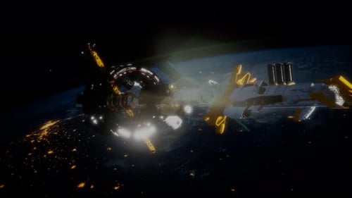 Futuristic Spaceship and Station Orbiting Earth Animation
