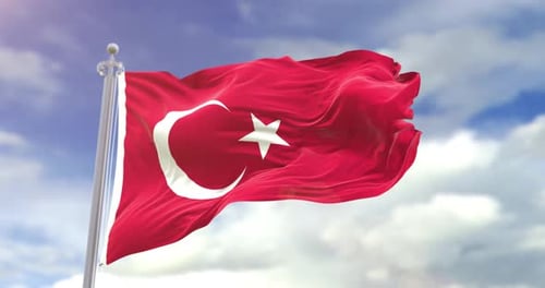 Realistic Waving Turkey Flag on Pole Against Blue Sky