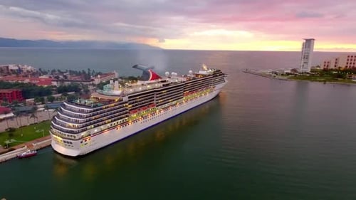 Aerial View of Cruise Ship at Sunset