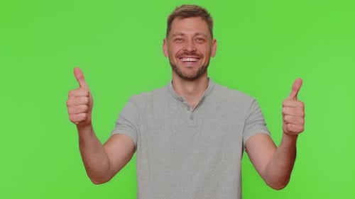 Man Raises Thumbs Up Agrees or Gives Positive Reply Recommends Advertisement Likes Good Approve