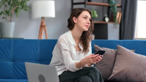 Modern Freelancer Business Woman Chatting Online Message Smartphone Working Remotely Use Laptop