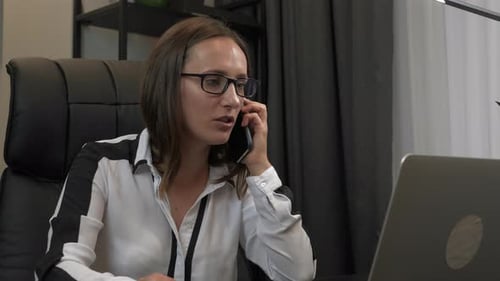 Happy smiling businesswoman is speaking on phone and looking at laptop screen in office