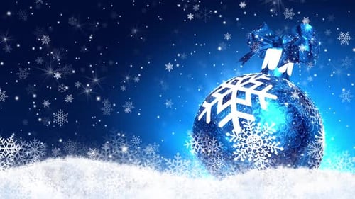 Animated Christmas Ornament with Falling Snowflakes on Blue Background