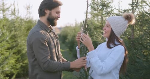 Couple which Ties with Threads Coniferous Forest Beauty they Bought in Forestry