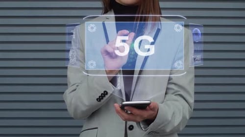 Business Woman Interacts HUD Hologram 5G