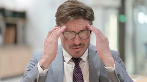 Man In Gray Suit Rubs Temples In Workplace