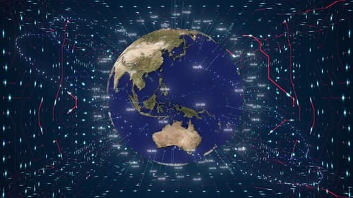 Digital Global Network with Rotating Earth and Data Connections