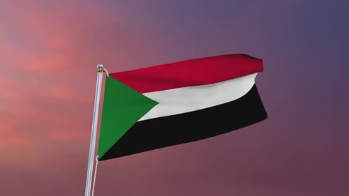 Realistic Sudan Flag Waving Animation Against Sunset Sky
