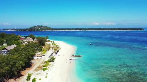 Wide angle birds eye abstract view of a white sandy paradise beach and blue water background in best