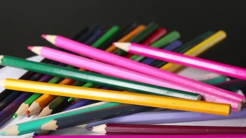 Colored Pencils For Drawing. Pencils Rotate On The Stage. Close Up