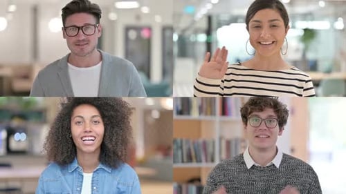 People Waving on Video Conference Call in Workplace