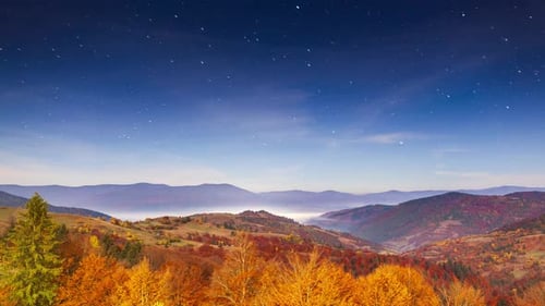 Starry Sky over Mountains and Autumn Foliage